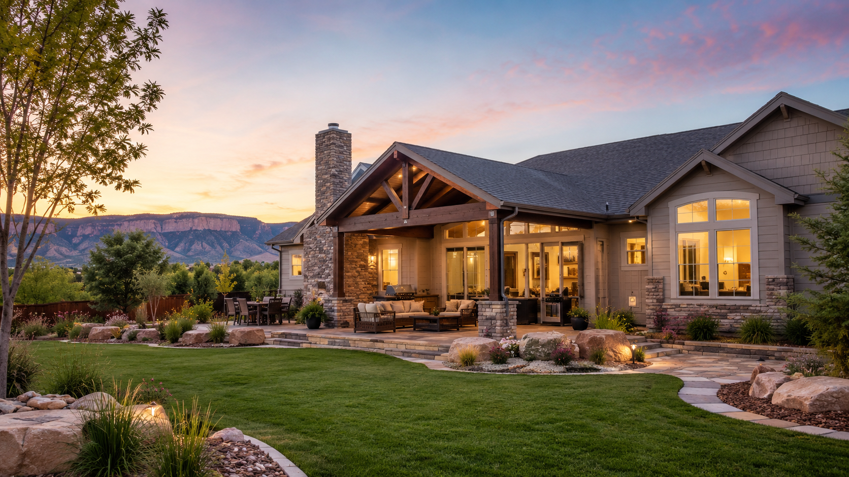 Charming family home with spacious backyard, covered patio, mountain views, and outdoor living space near Grand Junction, Colorado.
