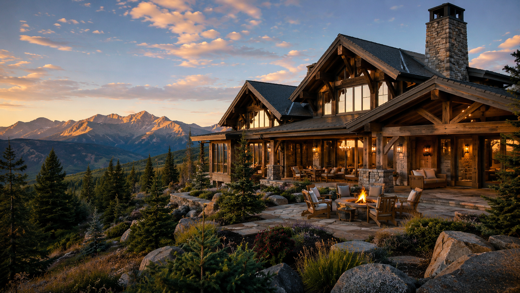 Luxurious mountain cabin with timber beams, stone patio, fire pit, evergreen trees, and breathtaking Western Colorado mountain views.