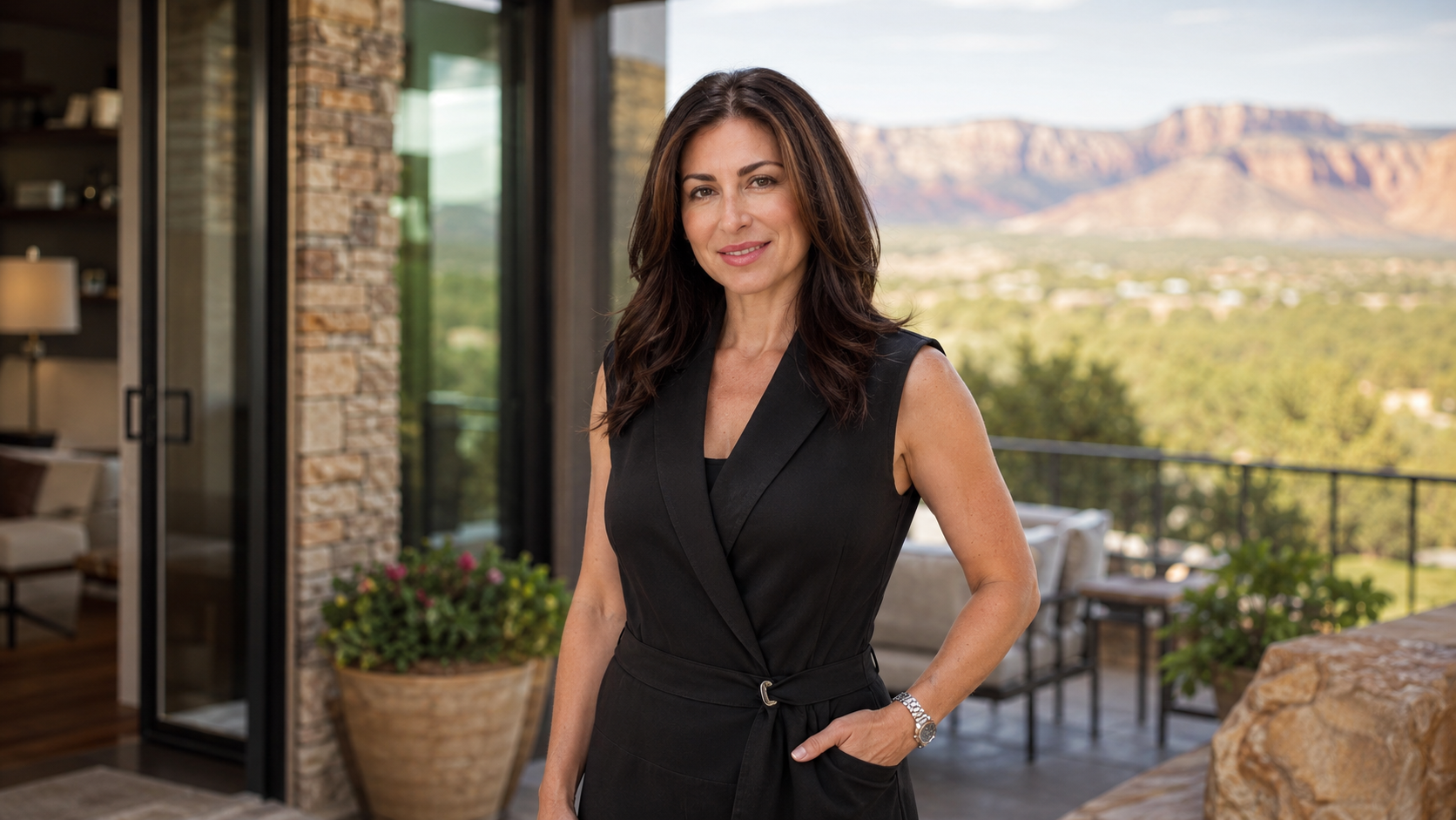 Valerie Siler, trusted real estate professional, standing on a luxury patio with scenic Grand Junction and Western Colorado views.